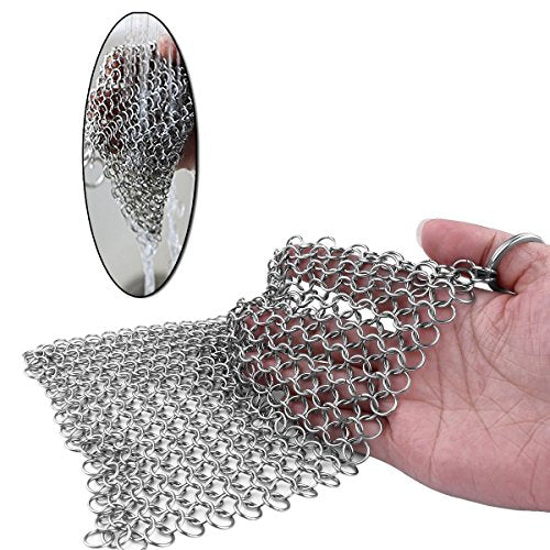 TOPULORS Cast Iron Scrubber 316 Stainless Steel Skillet Cleaner 8"x6" Chainmail Scrubber Scraper Chain Mail Link Scrub for Cast Iron Pre-Seasoned Pans, Griddles, BBQ Grills, and Pot Cookware Cleaning - size: Rectangle - 8× 6 inches