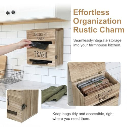 2 in 1 Trash Bag Dispenser, Double Wall Mounted,Wood Trash Bag Holder, used in kitchen, garage, laundry room, can store Environmentally friendly food bags (White/Brown(10inch*5.5inch*12.2inch）) - color: White/Brown(10inch*5.5inch*12.2inch）
