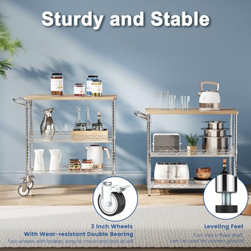 Leteuke Rolling Kitchen Carts with Wheels, 34" L x 17.5" W, 3-Tier Heavy Duty Utility Cart with Wood Tabletop, NSF Commercial Metal Serving Cart with Handle and Shelf Liner for Kitchen, Chrome - color: Wood-chrome