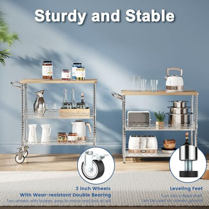 Leteuke Rolling Kitchen Carts with Wheels, 34" L x 17.5" W, 3-Tier Heavy Duty Utility Cart with Wood Tabletop, NSF Commercial Metal Serving Cart with Handle and Shelf Liner for Kitchen, Chrome - color: Wood-chrome