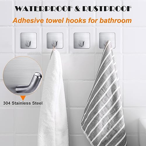 FOTYRIG Heavy Duty Adhesive Towel Hooks Stick on Towel Hanger Wall Holder Waterproof Stainless Steel Sticky Hooks for Hanging Bathroom Kitchen Home-4 Packs - color: 1-Silver