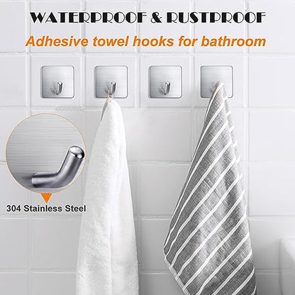 FOTYRIG Heavy Duty Adhesive Towel Hooks Stick on Towel Hanger Wall Holder Waterproof Stainless Steel Sticky Hooks for Hanging Bathroom Kitchen Home-4 Packs - color: 1-Silver