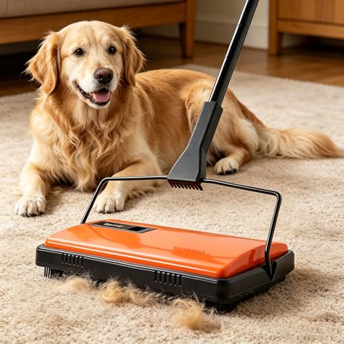CLEANHOME Manual Carpet Sweeper for Pet Hair - Rotating Brush Floor Sweeper, Lightweight Push Broom for Classroom Rugs, Non-Electric Lint & Crumb Cleaner, Easy-Dump Dustbin, No Batteries Needed