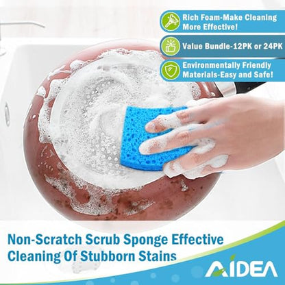 AIDEA Non Scratch Scrub Sponge, 24Count, Sponges for Dishes, Sponges Kitchen, Cleaning Sponge, Cleans Fast Without Scratching, Stands Up to Stuck-on Grime, Cleaning Power for Everyday Jobs - color: Blue