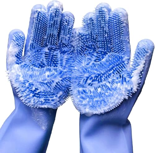Silicone Dishwashing Gloves with Scrubber Bristles, Food-Grade Cleaning Mitts for Kitchen Dishes, Pet Grooming & Car Wash - color: Blue