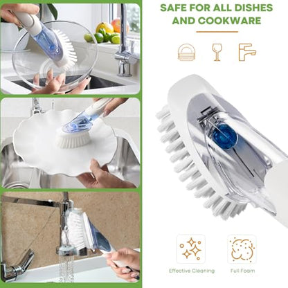 RIMAY Dish Brush with Soap Dispenser Storage Set, Soap Dispensing Dish Brush with 2 Pcs Brush Refills & Holder, Kitchen Dish Washing Wand with Handle for Dishes/Pans/Pots/Sink (White) - color: White-green