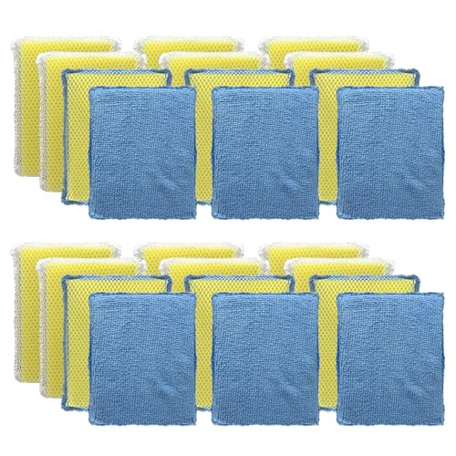 LOLA Microfiber & Nylon Net Sponges, 24 Pack, 12 Dual Sided Non-Scratch Sponge Pads & 12 w/Microfiber Cloth One Side and Netting on the Other Side - size: 24 Pack, style: Microfiber Terry & Nylon Net Sponges