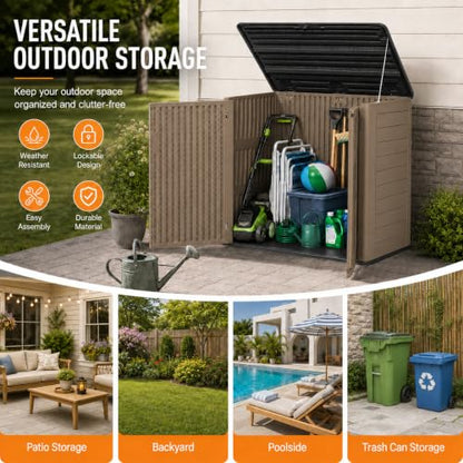 ADDOK 38 Cu.Ft Outdoor Storage Shed with Floor,Large Waterproof Resin Storage Cabinet with Lift-Up Lid,Double Doors and Lockable Design for Lawn Mower,Garden Tools, Patio,Backyard and Pool Supplies - size: Coffee 38 Cu.Ft