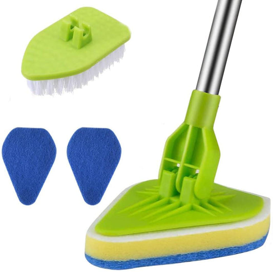2 in 1 Scrub Cleaning Brush with 37” Long Extendable Handle,AIYoo Floor Scrubbing Brush,1 Stiff Bristle and 3 Sponge Brushes for Cleaning Tile Bathroom Tub,Detachable Cleaner Shower Scrubber
