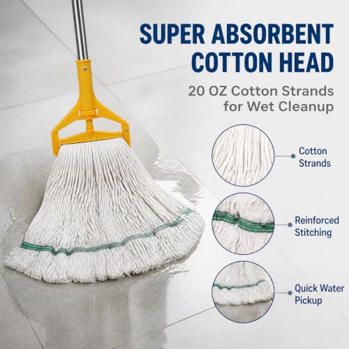 2 Pack 20 Oz Commercial Cotton Mop with 63” Stainless Steel Handle, Heavy Duty Industrial Wet Mop for Floor Cleaning, Commercial Grade Mop for Home, Office, Garage, Tile & Hardwood Floors