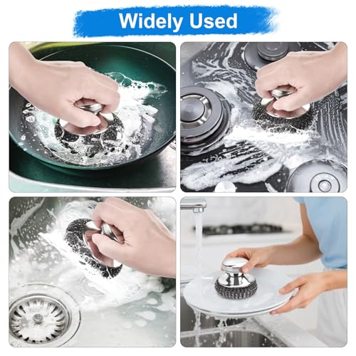 7PCS Steel Wool Scrubber Pads, Stainless Steel Scrubber Set with 1PCS Handle, Metal Scrubbers for Cleaning Kitchen and Household, Dishes, Stoves, Grill, Wash Sink, Pots