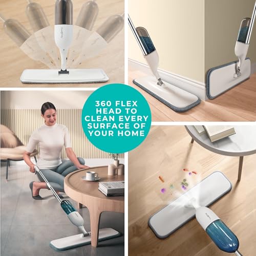 True & Tidy Clean Everywhere Spray Mop Kit - Premium Floor Cleaner with Flat, Round, and Squeegee Mop Heads (White) - color: White