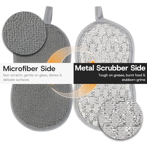 Multi-Purpose Scrub Kitchen Sponges – 12 Pack Dish Sponge, Dual-Sided Non-Scratch Microfiber & Metal Scrubber, Reusable Sponges for Dishes, Pots, Glass, Sink, Stovetop & Bathroom (Gray) - color: Gray