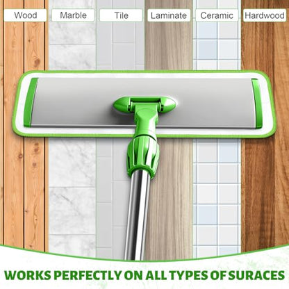 17.7" Microfiber Mop for Floor Cleaning, 59in Long Adjustable Stainless Steel Handle, 360° Rotating Large Flat Mops, 4 Washable Pads for Dry & Wet Cleaning for Hardwood, Vinyl, Laminate, Green
