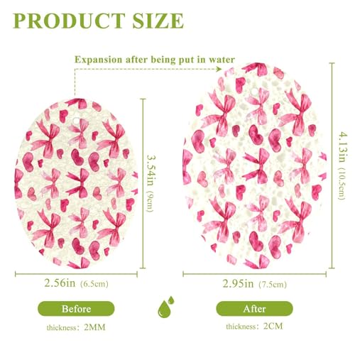 Watercolor Pink Heart and Bow Wood Pulp Sponge Kitchen Scrubbing Sponge Absorbent, Strong Adsorption for Kitchen Cleaning 3 pcs.