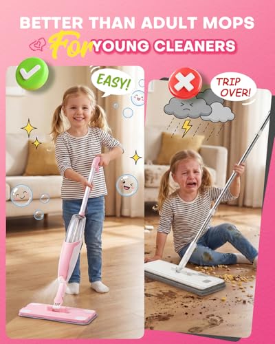 Pink Mini Spray Mop for Toddler-Girls Montessori Cleaning Toy that Real Spray Water,Pretend Playhouse Essentials for Girls Ages 3-8,Toddler Educational Housekeeping Set - size: Pink, style: Spray Mop