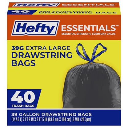 Hefty Essentials Extra Large 39 Gallon Trash Bags, 40 Count, Extra Large Trash Bags for Landscaping, Yard Waste, Basement Cleanouts, Home Remodeling, and More, Scent Free, Black - size: 1 Count (Pack of 40), style: Extra Large Black (39 Gallon)