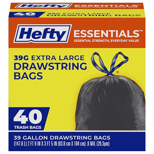 Hefty Essentials Extra Large 39 Gallon Trash Bags, 40 Count, Extra Large Trash Bags for Landscaping, Yard Waste, Basement Cleanouts, Home Remodeling, and More, Scent Free, Black - size: 1 Count (Pack of 40), style: Extra Large Black (39 Gallon)