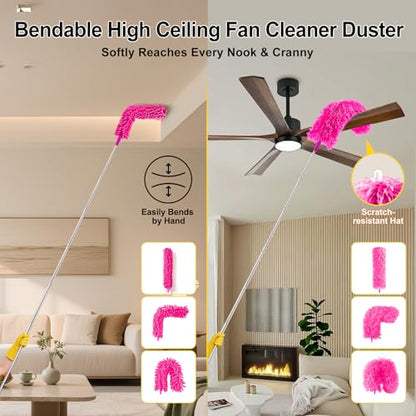 Tiumso 5-in-1 Duster with Extension Pole 100 inch Extendable Dusters for Cleaning Anti-Spin Reusable Dusting Kits for High Ceiling Fans, Cobwebs & Vents, Reinforced Stainless Steel Telescopic Handle - color: Rose Red