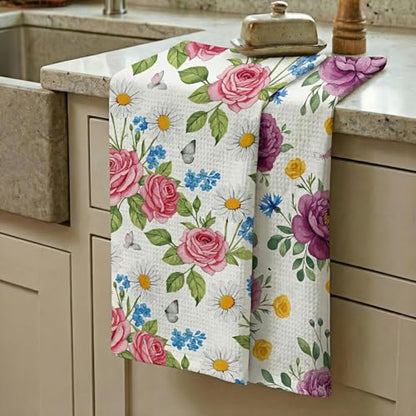 Waffle Kitchen Towels Set of 2 - Ultra Absorbent Quick Dry Dish Towels - Sustainable Reusable Cleaning Tea Towels - Lightweight Hand Towels for Kitchen & Bathroom, 16” x 28” (Plants) - style: Plants