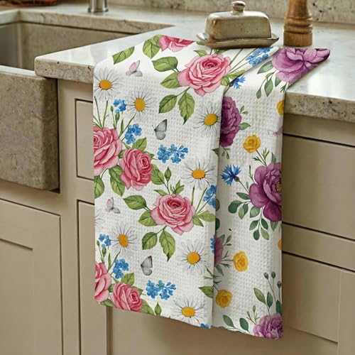 Waffle Kitchen Towels Set of 2 - Ultra Absorbent Quick Dry Dish Towels - Sustainable Reusable Cleaning Tea Towels - Lightweight Hand Towels for Kitchen & Bathroom, 16” x 28” (Plants) - style: Plants