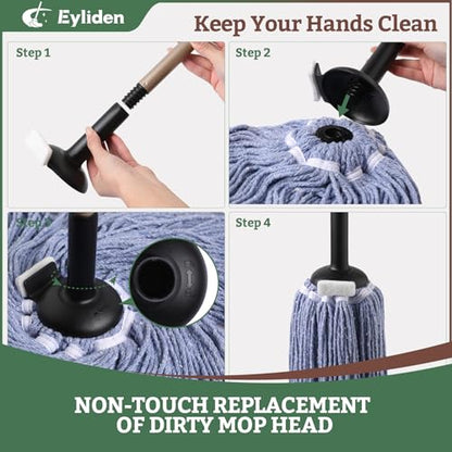 Eyliden Mop for Home & Commercial, Kitchen, Garage, Office Floor Cleaning | Non-Touch Replacement, Heavy Duty, 2 Reusable Cotton Heads, 4 Scouring Pads, Industrial Wet & Dry Mops