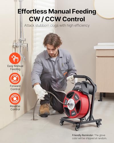 VEVOR Drain Cleaner Machine 50 FT x 1/2 Inch, Manual Feed Sewer Snake Auger on Wheels - with 4 Cutters & Air-activated Foot Switch for 2" to 6" Pipes - style: 50 FT x 1/2'' Manual Feed