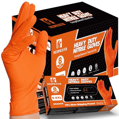 Industrial Nitrile Gloves – Heavy Duty Latex & Powder Free Disposable Gloves with Diamond Texture - color: Orange, size: Medium (Pack of 100)