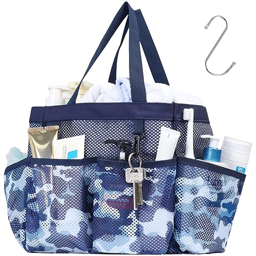 F-color Shower Caddy Portable - Mesh Shower Bag Basket Tote for College Dorm Room Essentials Bathroom Gym Camp Quick Dry for Women Men with S Hook, Dark Blue Camouflage - color: L, Dark Blue Camouflage, size: L (Classic Dorm Caddy)
