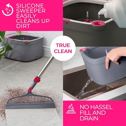 True & Tidy True Clean Spin Mop & Bucket System – Dual Compartment Design for Clean & Dirty Water, 360° Swivel Mop Head, Built-in Scrubbing Brush, Stainless Steel Handle & 2 Reusable Microfiber Pads - size: Spin Mop Deluxe