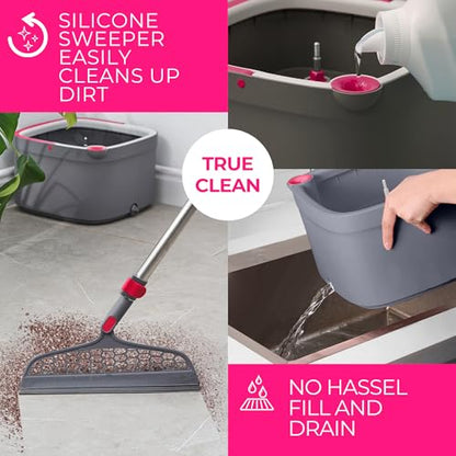 True & Tidy True Clean Spin Mop & Bucket System – Dual Compartment Design for Clean & Dirty Water, 360° Swivel Mop Head, Built-in Scrubbing Brush, Stainless Steel Handle & 2 Reusable Microfiber Pads - size: Spin Mop Deluxe