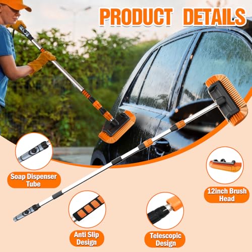 LAANPOLE 12FT Car Wash Brush with Long Handle, Car Cleaning Brush with 12 Inch Soft Bristle and Soap Dispenser, Solar Panels Cleaner with Telescoping Pole for RV, Truck, Boat, House Siding, Orange - color: Orange