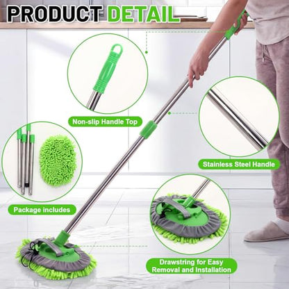 2 Pack 360° Spin Mop with 2 Microfiber Mop Refills, Extendable 63" Stainless Steel Handle for Easy Floor, Ceiling, Wall & Window Cleaning, Household Mops(Green) - color: Green