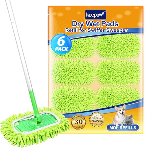 KEEPOW 6-Pack 2-in-1 Reusable Microfiber Mop Pads Compatible with Swiffer Sweeper, Dry & Wet Sweeping Cloths - Washable Wet Pads Refill for Multi-Surface/Hardwood Floor Cleaning - color: Green, size: 6 Pack
