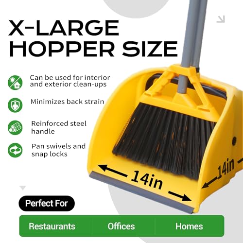 Commercial Broom and Dustpan Set Debris Dustpan with Handle,Jumbo Debris Pan, Trash Collection for Industrial/Professional Cleaning,2Sets, Yellow,Extra-Large Size