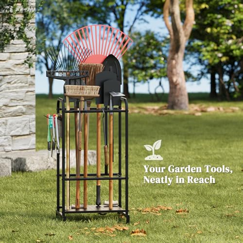 Garden Tool Organizer with Hooks Yard Tool Rack Heavy Duty Steel Yard Tool Organizer and Garden Storage Holder Broom Holder for Shed, Patio, Outdoor Indoor - style: Rack with Hooks