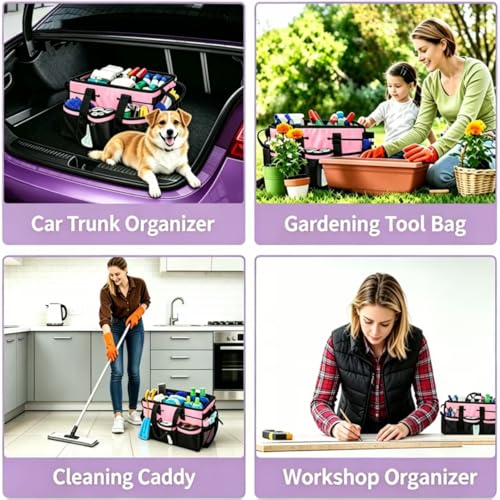 Wearable Cleaning Caddy Organizer with Handle & Adjustable Shoulder Strap 4 Foldable Compartments, Cleaning Supplies Caddy for Housekeepers, Car, Home, Hotel & Outdoor Cleaning Bag（Pink）