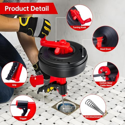 Drain Snake Hair Drain Clog Remover,Drill Attachment Toilet Snake for Bathroom Kitchen Tub Shower Drain Clog Remover with Gloves Hair Clog Remover with Drill Adapter（25ft/7.5M-Black） | Bathroom and Shower Sink Duty Pipe Drain Clog Remover for Bathtub Drai