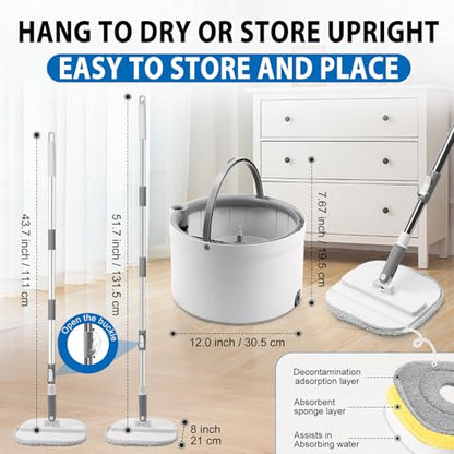 Spin Mop and Bucket with Wringer Set, 360° Spinning Mop Bucket with Separate Dirty and Clean Water System with 3 Microfiber Mop Pads and 52" Stainless Steel Adjustable Handle for Floor Wall Cleaning - color: White-2