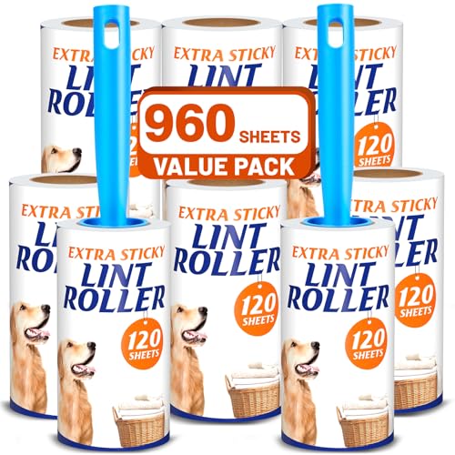 Extra Sticky Lint Roller for Cat Dog Hair, 960 Sheets, 2 Handles | 8 Rolls Total, Extra Sticky for Pet Hair on Clothes, Couch, Furniture and Car Seats - size: 2 Handles + 6 Refills + 960 Sheets
