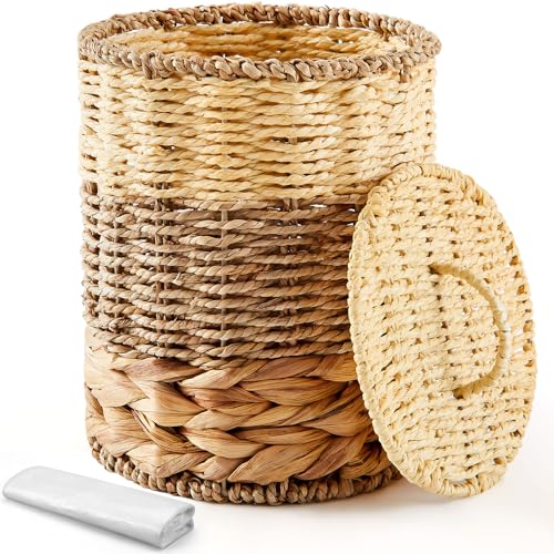 Ctosree 1.3 Gallons Small Trash Can with Lid Handle Boho Woven Braided Bathroom Waste Basket Trash Can with 100 Garbage Bags for Bedroom Office Laundry(Braided Wicker, Primary Color) - color: Primary Color, style: Round