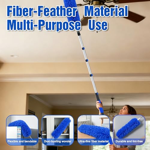 26FT Reach Duster Kit, Window Cleaning with 5-20FT Telescoping Extension Pole, High Ceiling Duster, Microfiber Feather Duster, Cobweb Duster, Window Squeegee, Feather Duster, Extendable Pole Kit - color: Blue, size: 20FT