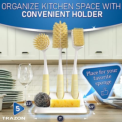 Dish Brush Set of 5 with Holder - Kitchen Scrub Brushes with Non-Slip Long Handle for Cleaning, Scrubber, Dishwashing, Dishes, Bottles, Straws, Cups, Pots & Sink, Baige - color: Baige, Set of 5 With Holder