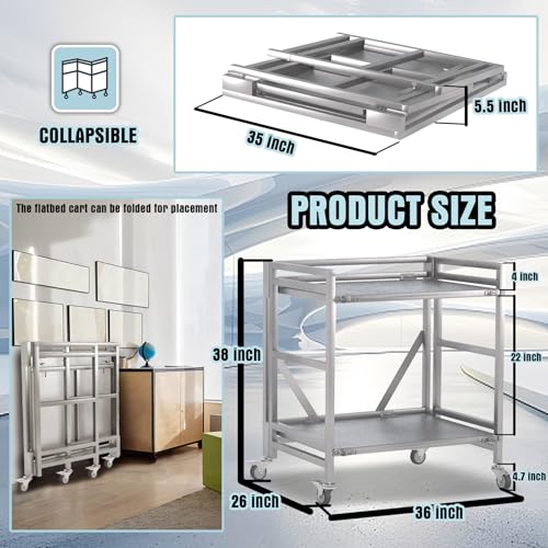 2 Shelf Rolling Cart with Wheels, 660lbs Capacity Collapsible Steel Rolling Utility Cart, Heavy-Duty Foldable Workbench, Metal Rolling Storage Cart with Handle for Groceries, Warehouse (36" Lx26 W) - color: Plate 660lbs Capacity