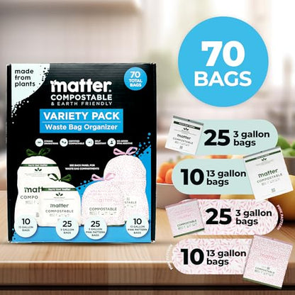Matter Compostable Variety Pack 3 Gallon and 13 Gallon Kitchen Trash Bags with Drawstring, Unscented, Durable, Leak-Resistant, Eco-Friendly, 70 Count - style: 13 Gallon and 3 Gallon Variety Pack