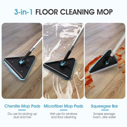 20 Foot Painted Wall Cleaner Mop with 12 Ft Heavy Duty Extension Pole, 3-in-1 High Ceiling Cleaning Tool with 4 Microfiber Chenille Pad, Cobweb Duster, Fan, Baseboard, Window Squeegee Kit (12ft) - size: 12ft
