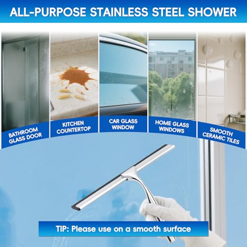 Shower Squeegee for Glass Doors,Stainless Steel Shower Door Squeegee,Windows, Mirrors, Car Windows, Tile Shower Walls, 10 Inch Silver,Durable Includes Shower Door Adhesive Hook