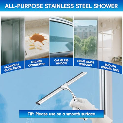 Shower Squeegee for Glass Doors,Stainless Steel Shower Door Squeegee,Windows, Mirrors, Car Windows, Tile Shower Walls, 10 Inch Silver,Durable Includes Shower Door Adhesive Hook