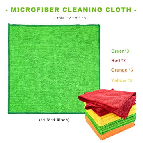 12PCS Microfiber Cleaning Cloths, 12"×12" Soft Absorbent Streak-Free Car Drying Towels, Scratch-Proof Lint Free Rags All Purpose Wash Cloth for Cars Houses Windows Kitchen