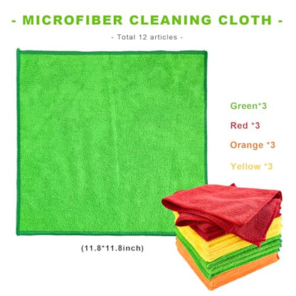 12PCS Microfiber Cleaning Cloths, 12"×12" Soft Absorbent Streak-Free Car Drying Towels, Scratch-Proof Lint Free Rags All Purpose Wash Cloth for Cars Houses Windows Kitchen